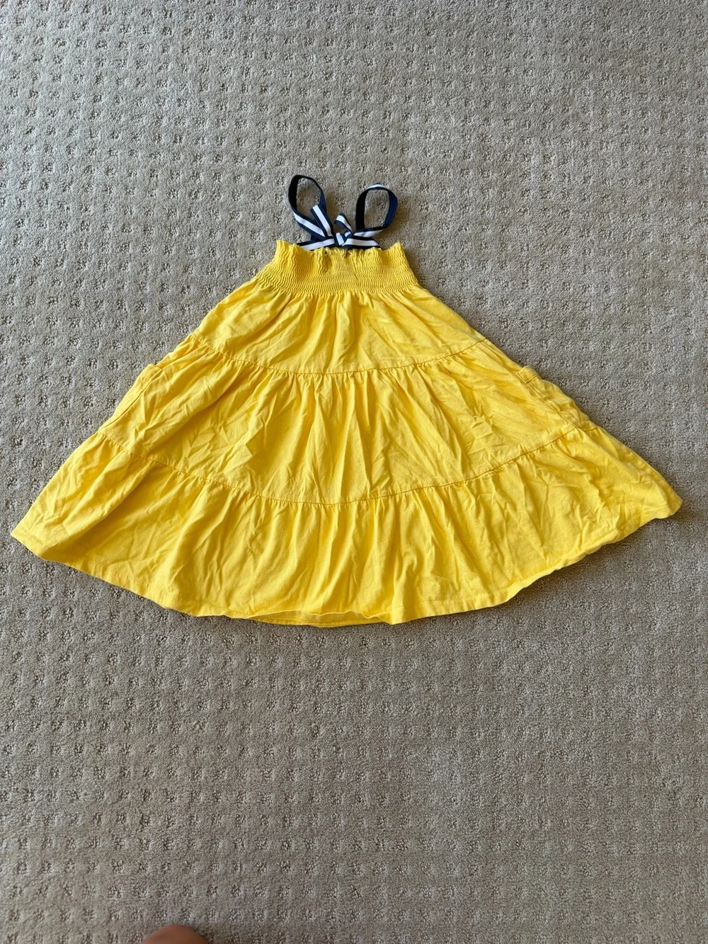 Ralph Lauren Girls’ Yellow Tiered Smocked Sundress With Navy/White Straps, Size